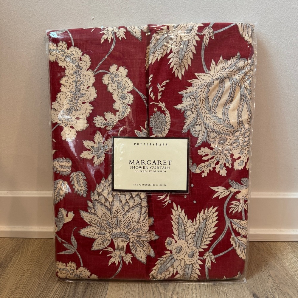 Pottery Barn Margaret Shower Curtain Red Floral Paisley Cotton Linen 72x72 NEW